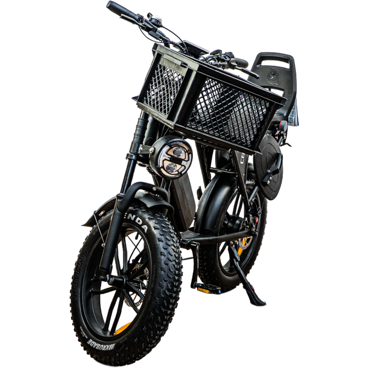Ouxi C80 Family Edition in Schwarz mit Frontkorb, schräge Vorderansicht