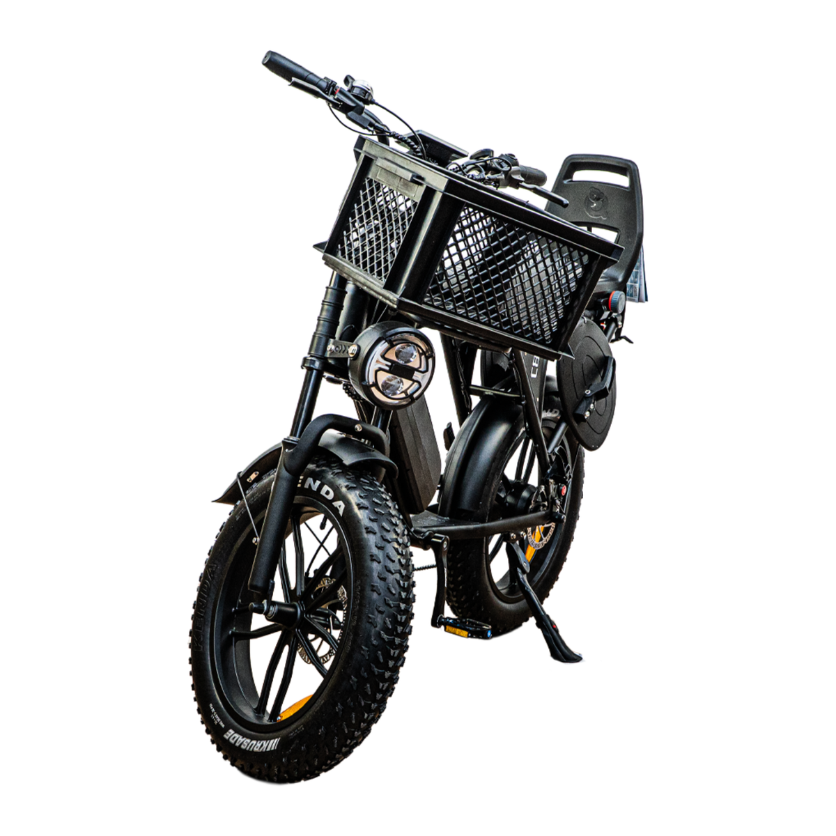 Ouxi C80 Family Edition in Schwarz mit Frontkorb, schräge Vorderansicht
