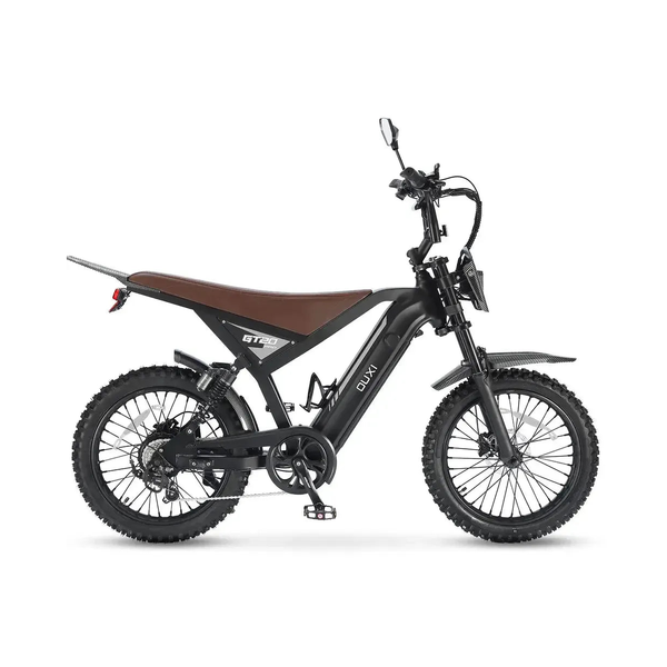 Ouxi GT20 Pro Fatbike in Schwarz, Seitenansicht mit braunem Sattel, Hinterradfederung und Stollenreifen