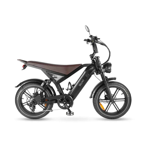 Ouxi GT20 Fatbike in Schwarz, rechte Seitenansicht mit langem braunem Sattel und rundem Scheinwerfer