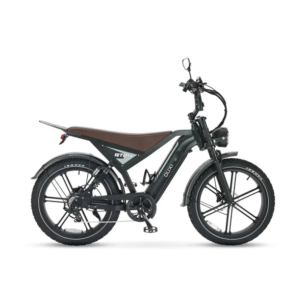 Ouxi GT24 Fatbike in Schwarz, Seitenansicht von rechts mit braunem Sattel und Kette auf der Antriebsseite
