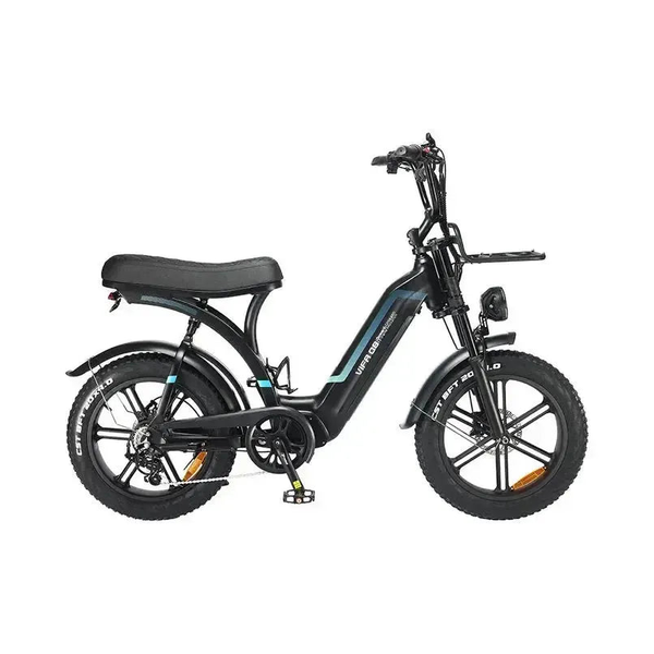 Ouxi Q8 Fatbike in Schwarz, Seitenansicht von rechts mit langer Doppelsitzbank, Frontgepäckträger und 20 Zoll Fatbike-Reifen