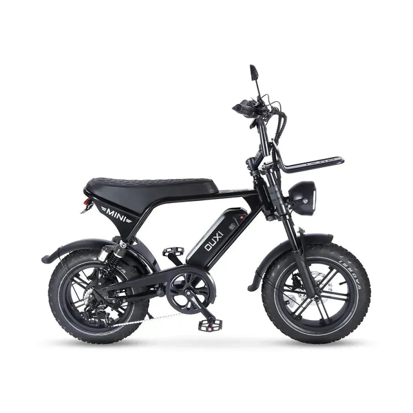 Ouxi V8 Ultra Mini Fatbike in Schwarz, Seitenansicht rechts mit Kette, Frontgepäckträger und Scheinwerfer