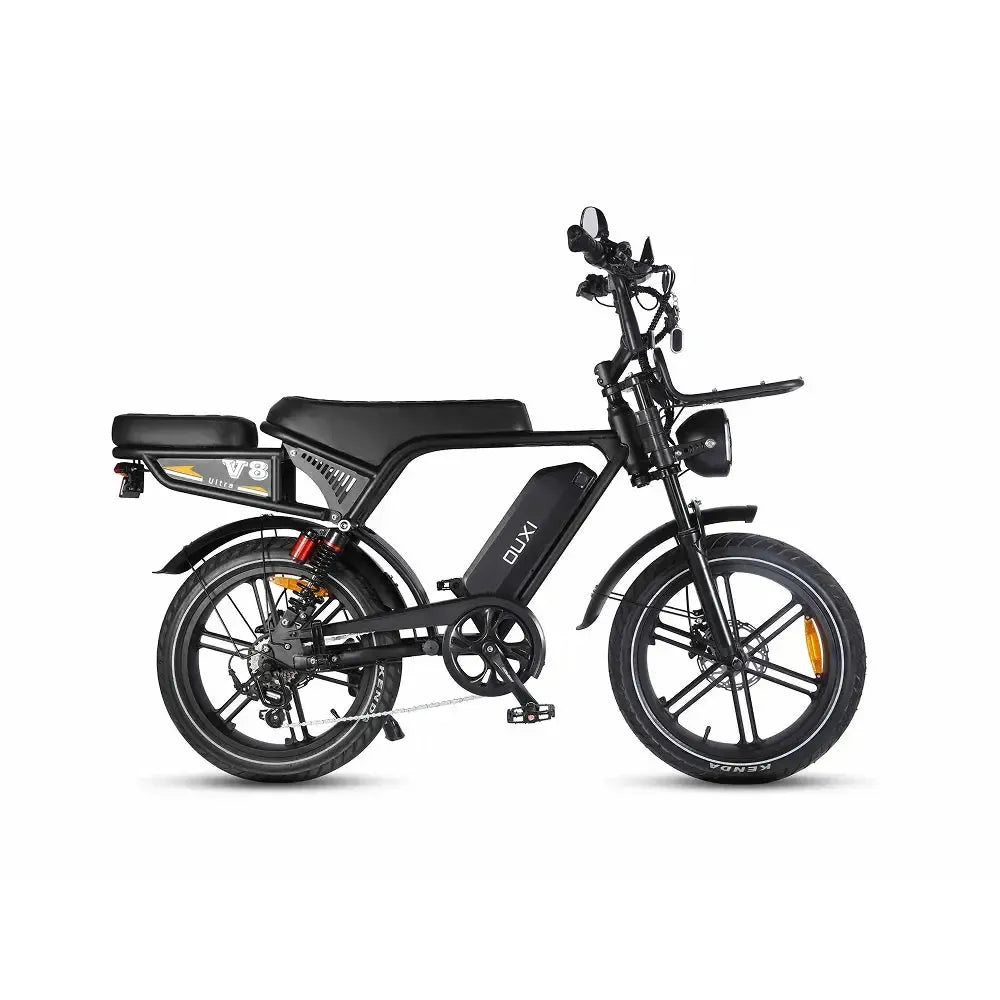 Ouxi V8 Ultra Fatbike in Schwarz, Seitenansicht von rechts mit langem Sattel und Frontgepäckträger