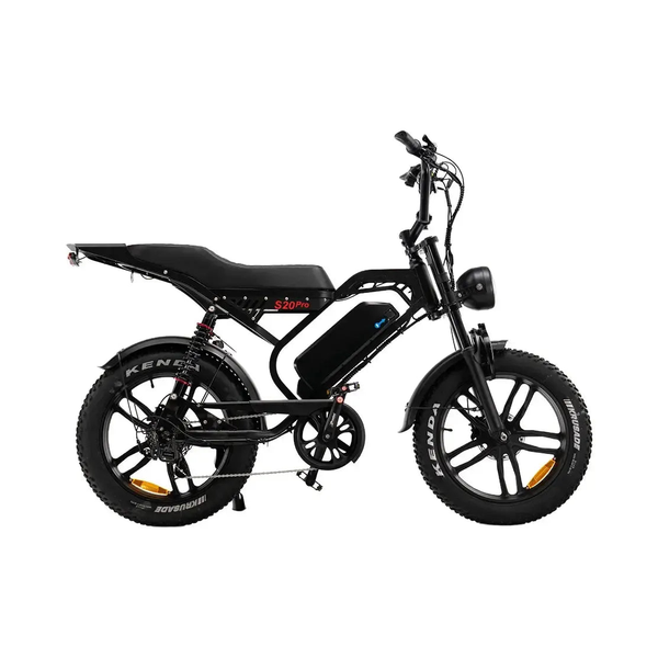 QMWheel S20 Pro Fatbike in Schwarz, Seitenansicht von rechts mit langer Doppelsitzbank und Kenda-Reifen