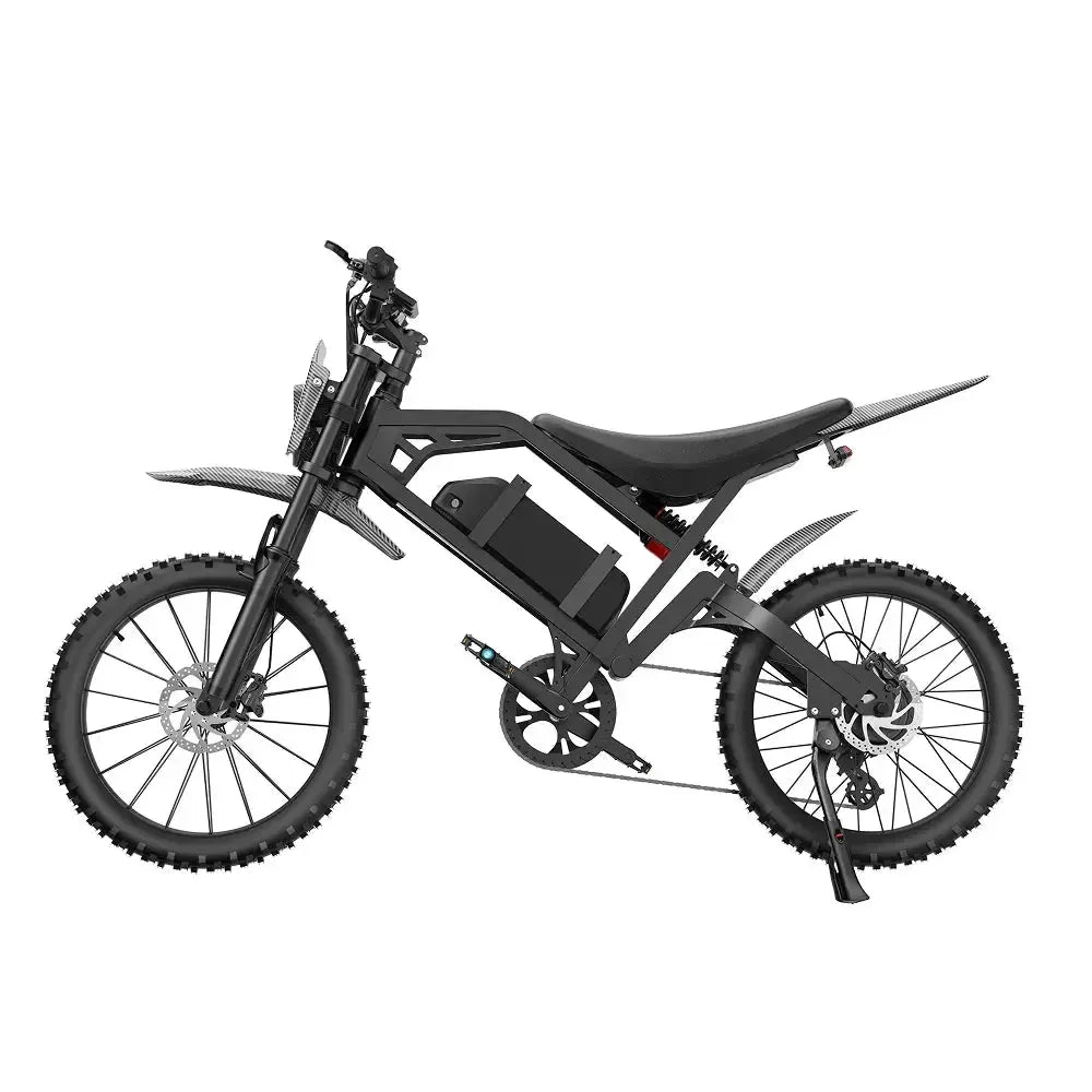 QMWheel V20 Cross Fatbike in Schwarz, Seitenansicht von der anderen Seite mit Scheibenbremsen und Ständer