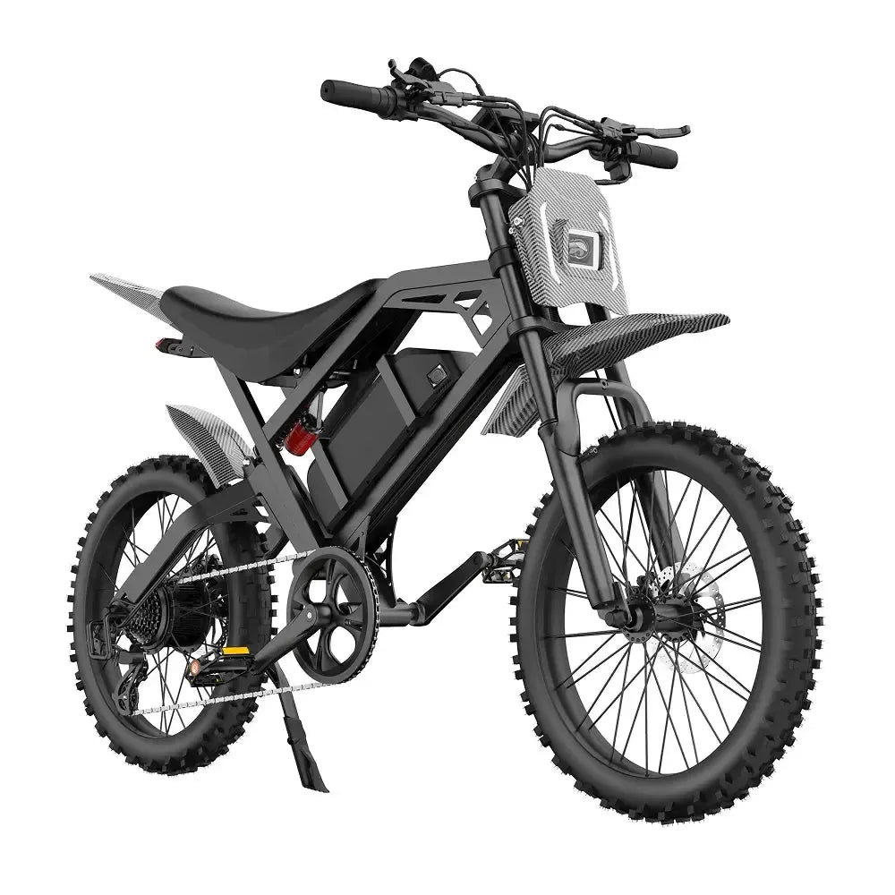 QMWheel V20 Cross Fatbike in Schwarz, schräge Vorderansicht von der anderen Seite mit Akku im Rahmen