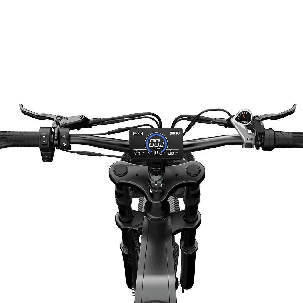 QMWheel V20 Cross Fatbike in Schwarz, Detail des Lenkers mit Digitaldisplay und Bremshebeln