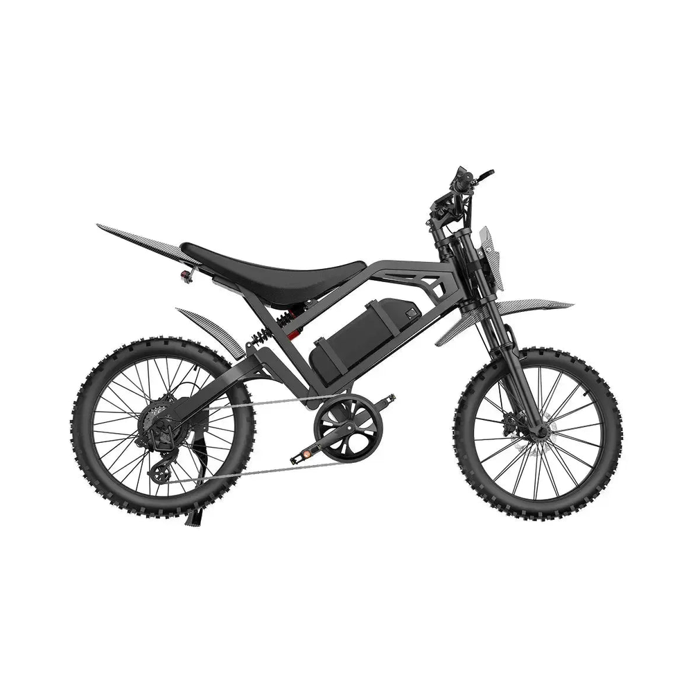 QMWheel V20 Cross fatbike in black, full side view with chain, saddle and knobby tyres