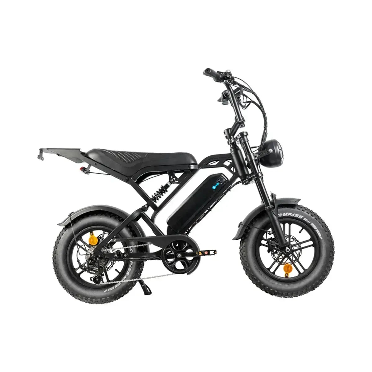 QMWheel V20 Mini Fatbike in Schwarz, Seitenansicht rechts mit langem Sattel, Gepäckträger und dicken Reifen