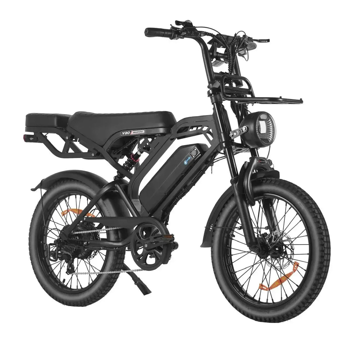 QMWheel V20 Pro Skinny Bike Skinnybike in Schwarz, schräge Vorderansicht mit Scheinwerfer, Frontgepäckträger und Akku