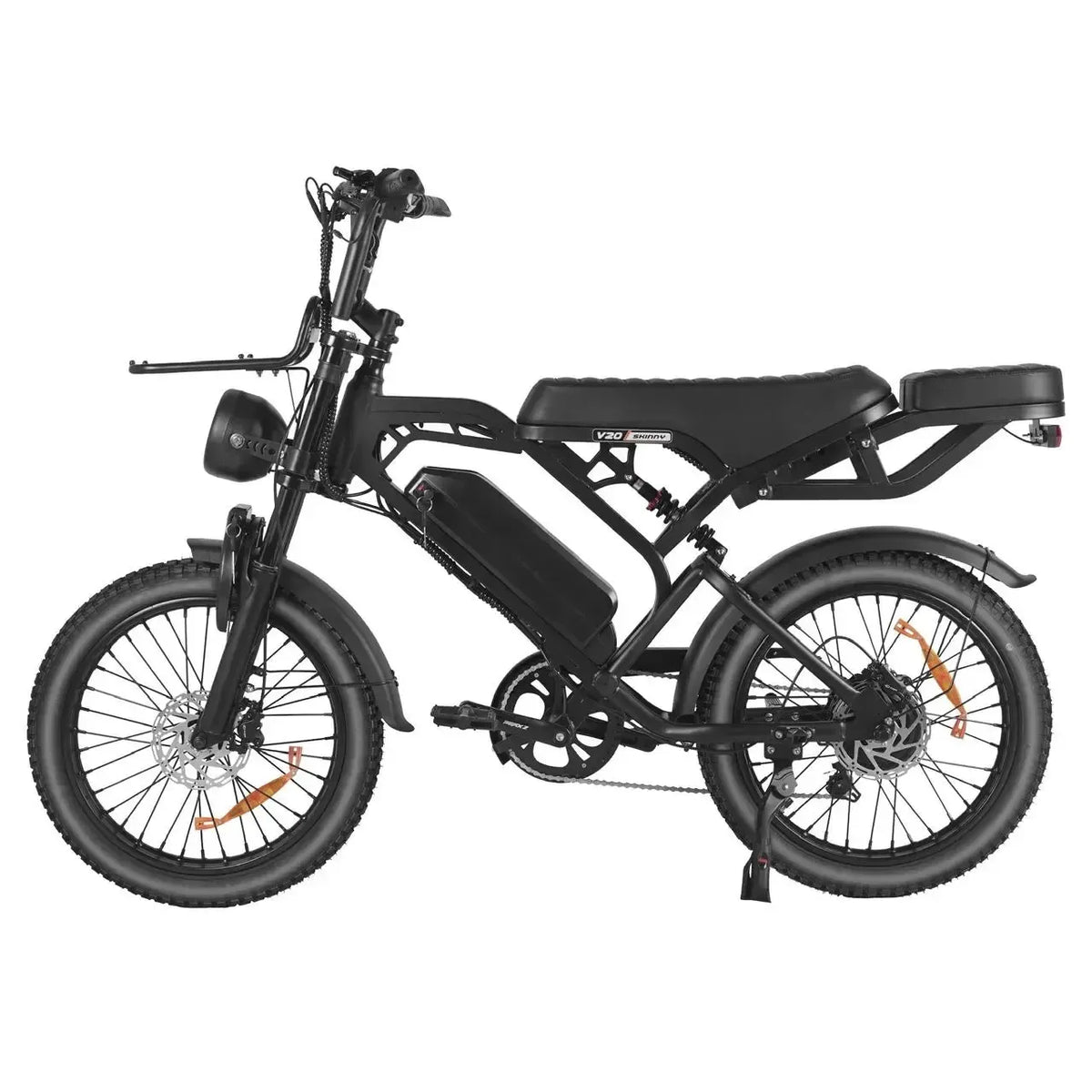 QMWheel V20 Pro Skinny Bike Skinnybike in Schwarz, Seitenansicht mit Scheibenbremsen, Seitenständer und Gepäckträger hinten