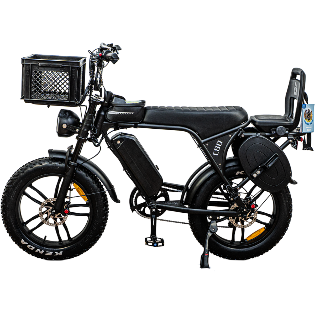 Ouxi C80 Family Edition in Schwarz, Seitenansicht mit Korb und Kindersitz