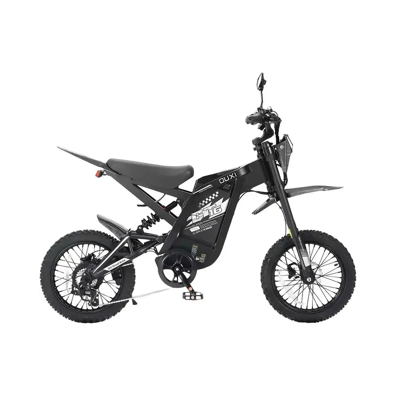 Ouxi GT16 Fatbike in Schwarz, Seitenansicht mit Kette, Gängen und Hinterradfederung