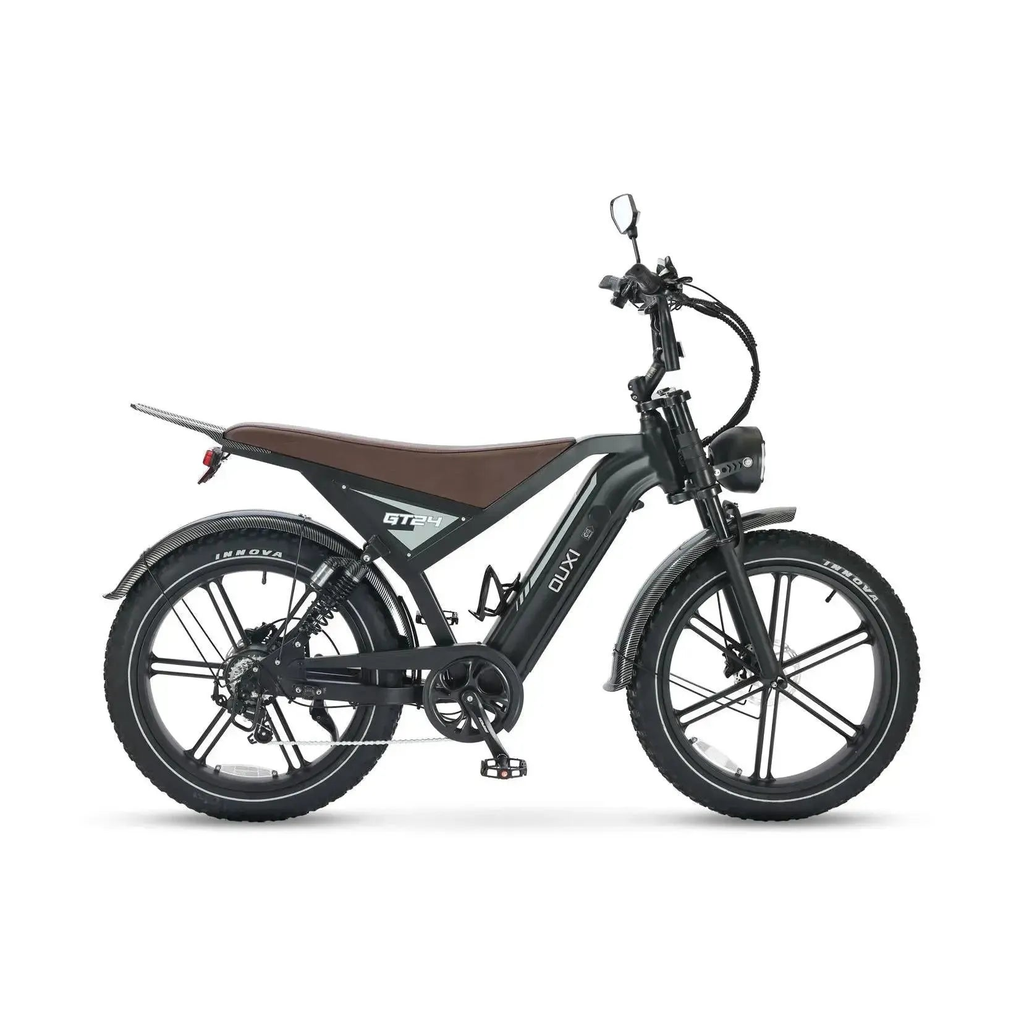 Ouxi GT24 fatbike in black, side view from the right with brown saddle and chain on the drive side
