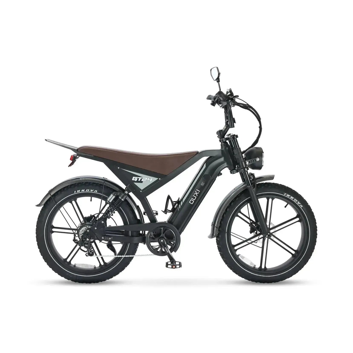 Ouxi GT24 fatbike in black, side view from the right with brown saddle and chain on the drive side
