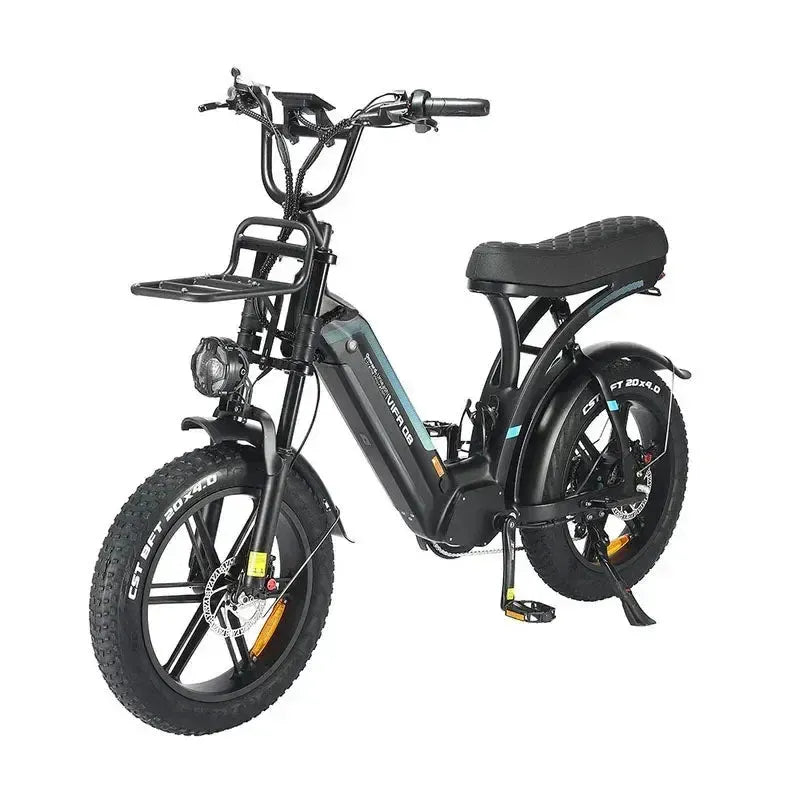 Ouxi Q8 Fatbike in Schwarz, schräge Vorderansicht von links mit hohem Lenker, Frontgepäckträger und 20x4.0 Fatbike-Reifen