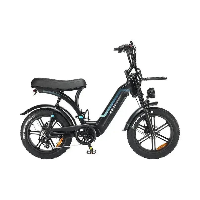 Ouxi Q8 Fatbike in Schwarz, Seitenansicht von rechts mit langer Doppelsitzbank, Frontgepäckträger und 20 Zoll Fatbike-Reifen