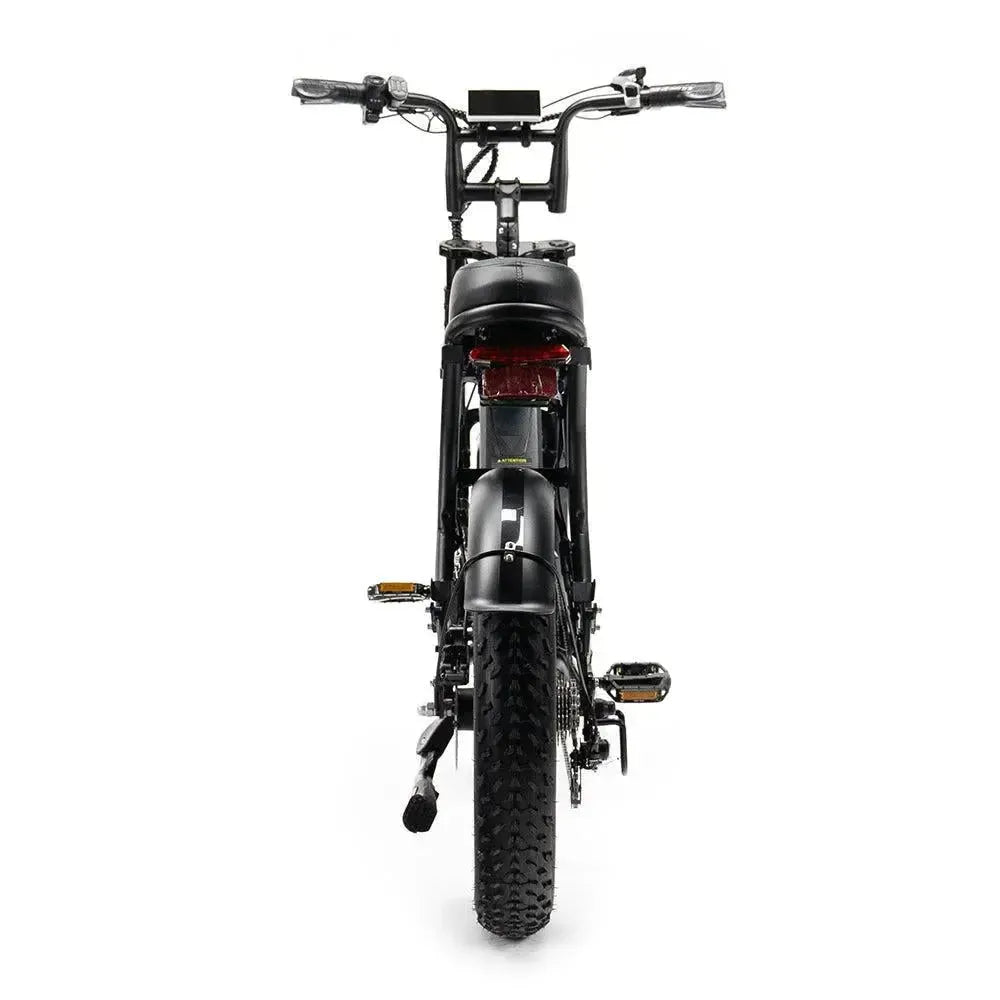 Ouxi V8 2025 Fatbike in Schwarz, Rückansicht mit Rücklicht, Schutzblech und breitem Hinterreifen