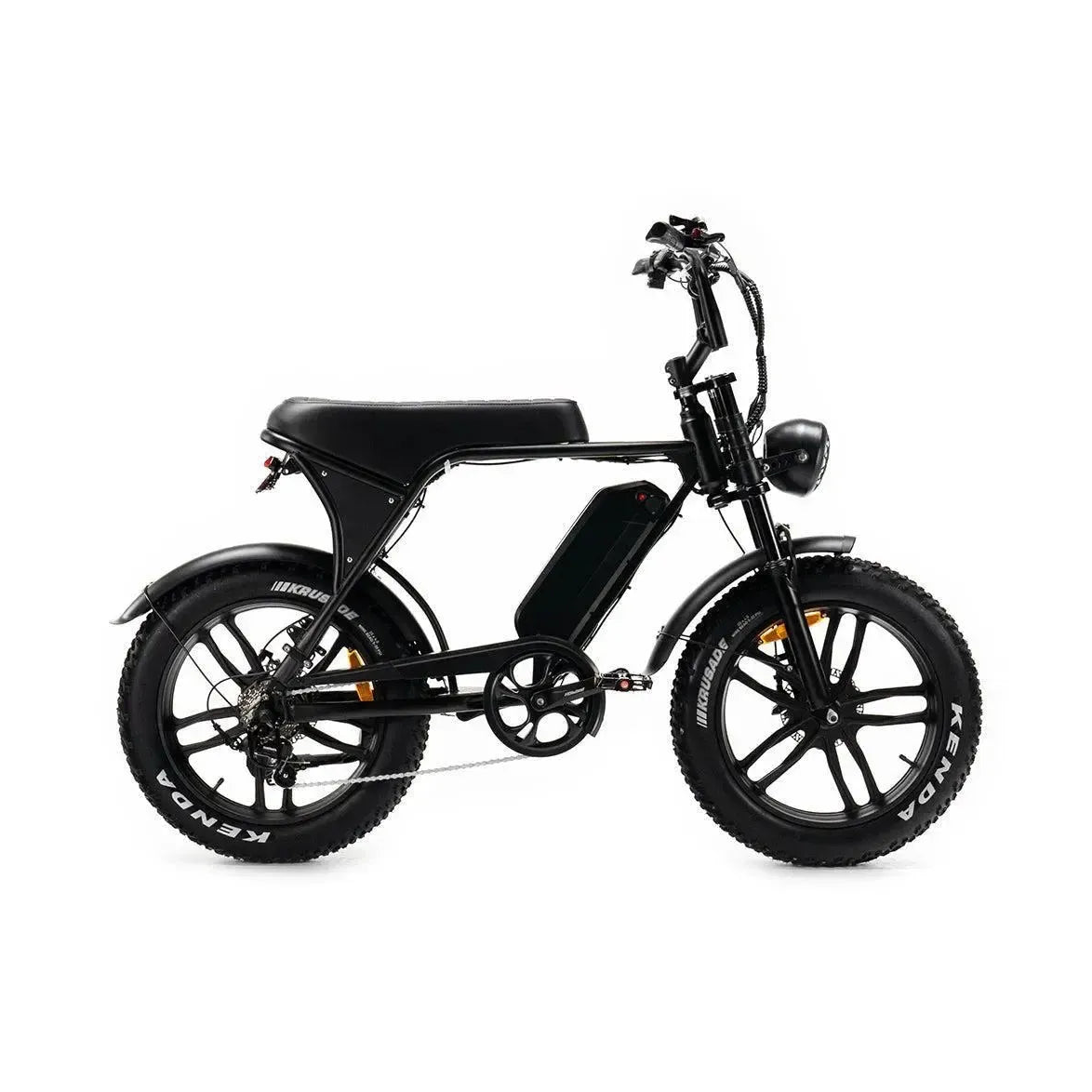 Ouxi V8 2025 Fatbike in Schwarz, Seitenansicht von rechts mit langem Sattel, Rahmenakku und breiten Kenda-Reifen