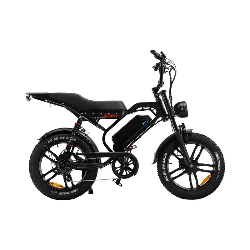 QMWheel S20 Pro fatbike in zwart, zijaanzicht van rechts met lange buddyseat en Kenda-banden
