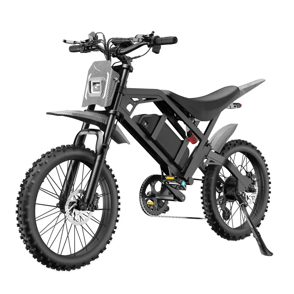 QMWheel V20 Cross Fatbike in Schwarz, schräge Vorderansicht mit Frontplatte, Vorderradgabel und Scheibenbremse