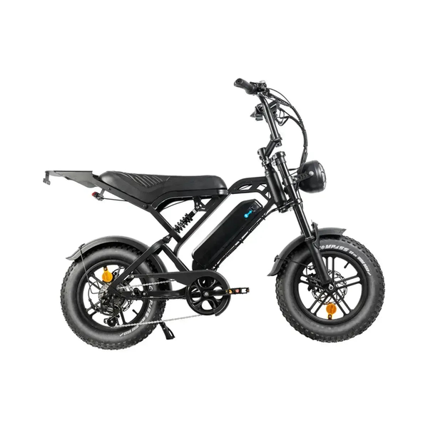 QMWheel V20 Mini Fatbike in Schwarz, Seitenansicht rechts mit langem Sattel, Gepäckträger und dicken Reifen