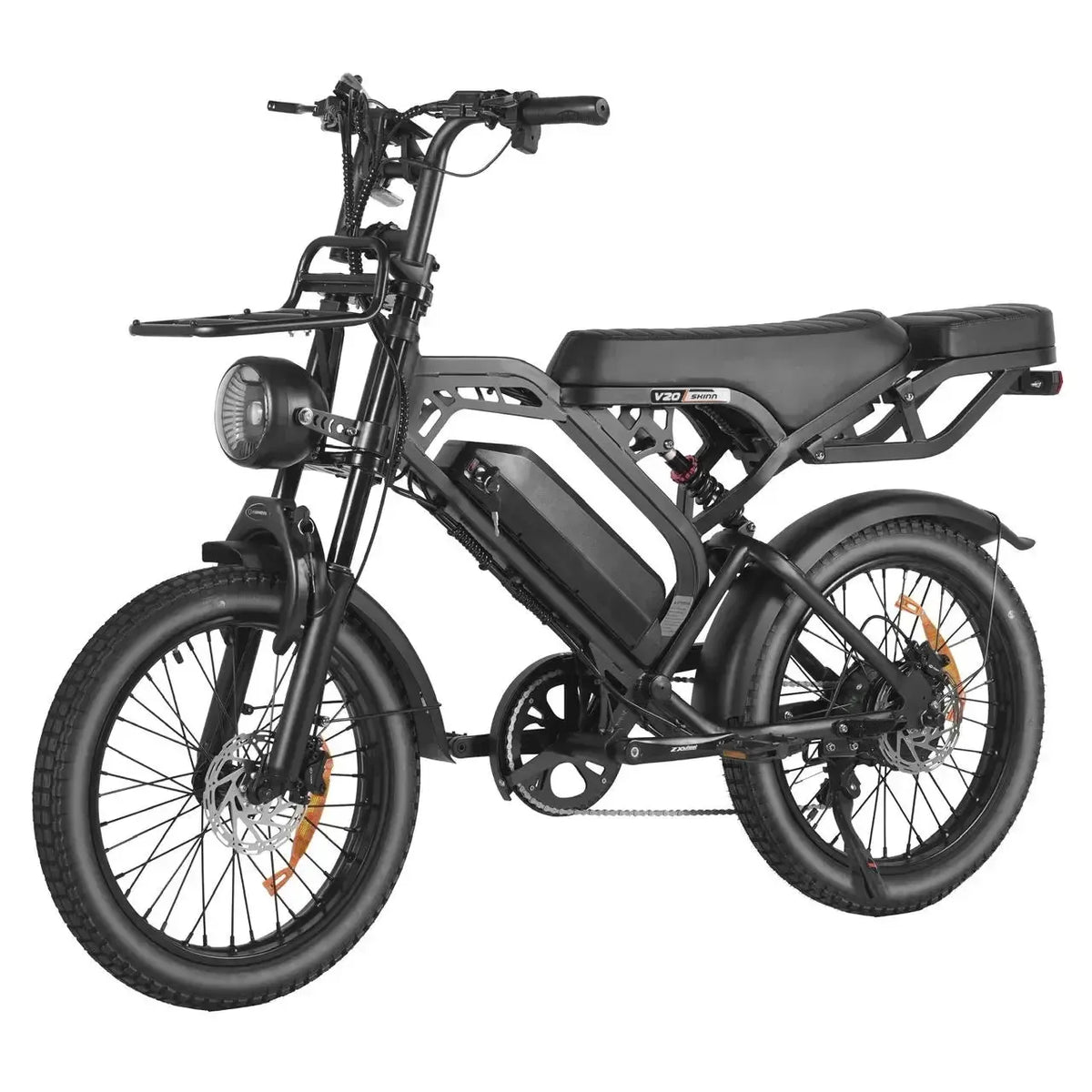 QMWheel V20 Pro Skinny Bike Skinnybike in Schwarz, schräge Vorderansicht von der anderen Seite mit langem Sattel
