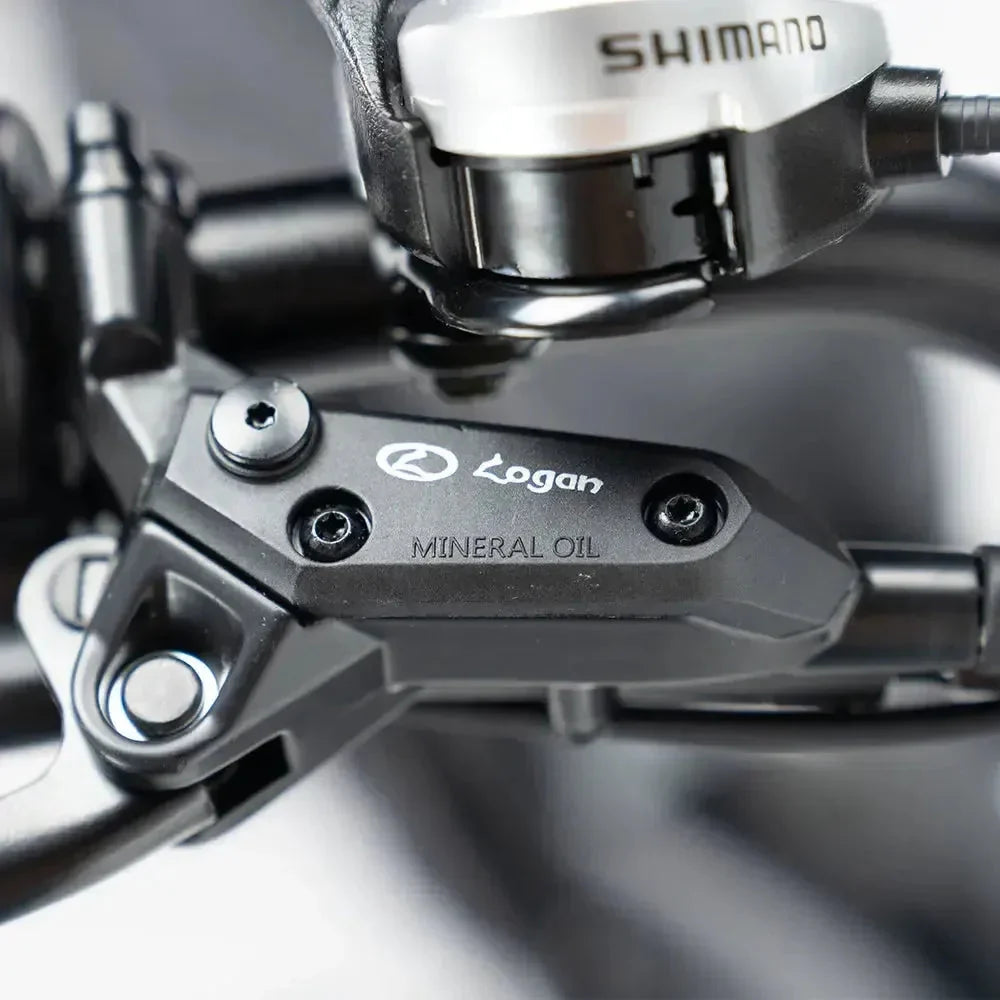 QMWheel V29 Pro Doppelakku Fatbike in Schwarz, Nahaufnahme des hydraulischen Bremshebels und des Shimano-Schalthebels