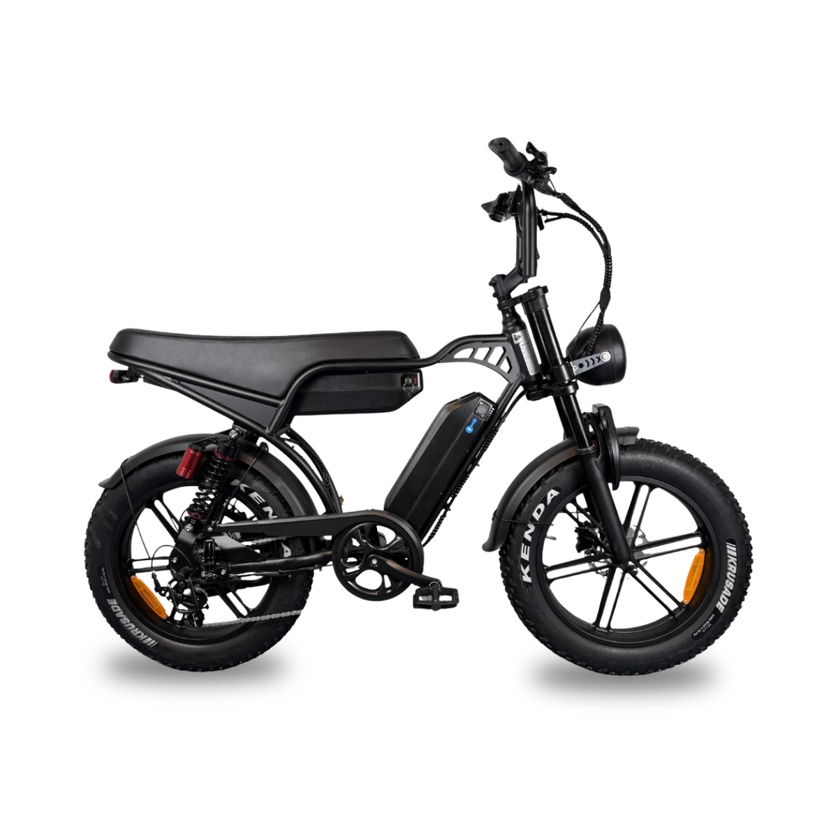 QMWheel V29 Pro Doppelakku Fatbike in Schwarz, komplette Seitenansicht mit langem Sattel, Akku im Rahmen und Kenda-Reifen